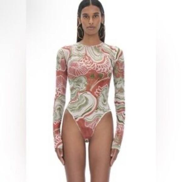 Andrea Iyamah Elle Abstract Mushroom Bodysuit Semi Sheer Mesh Leotard Size S - Picture 1 of 10
